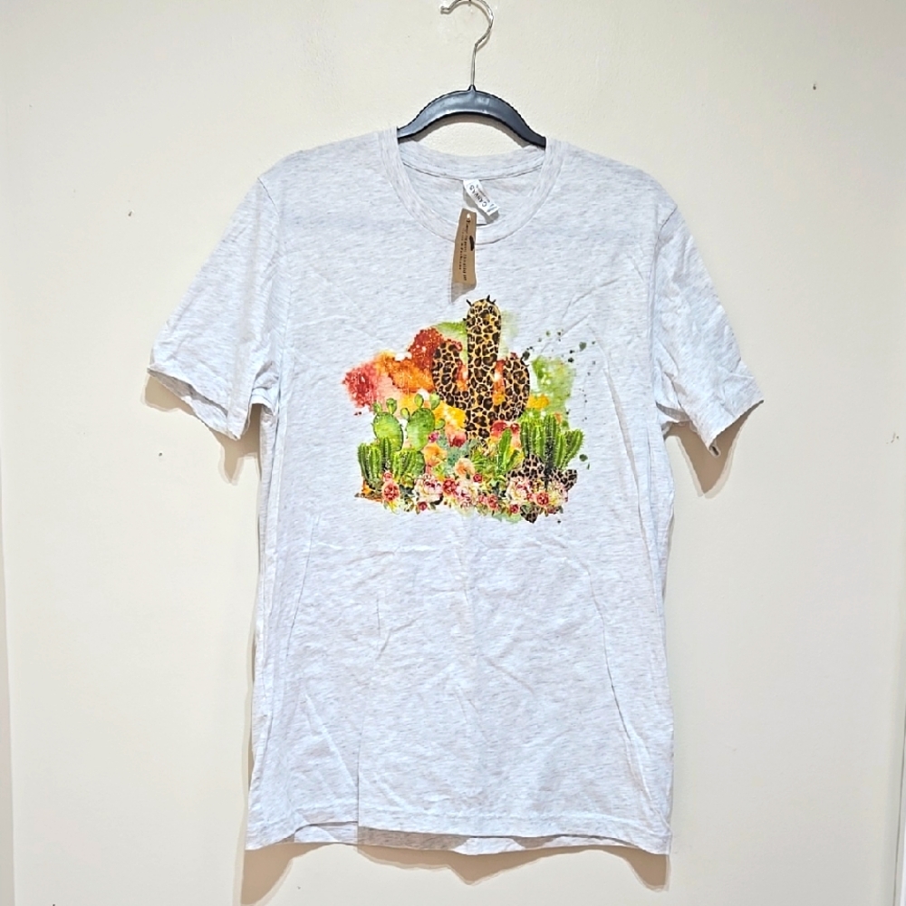 Women's Graphic Short Sleeve Tee with Cactus and Leopard Print